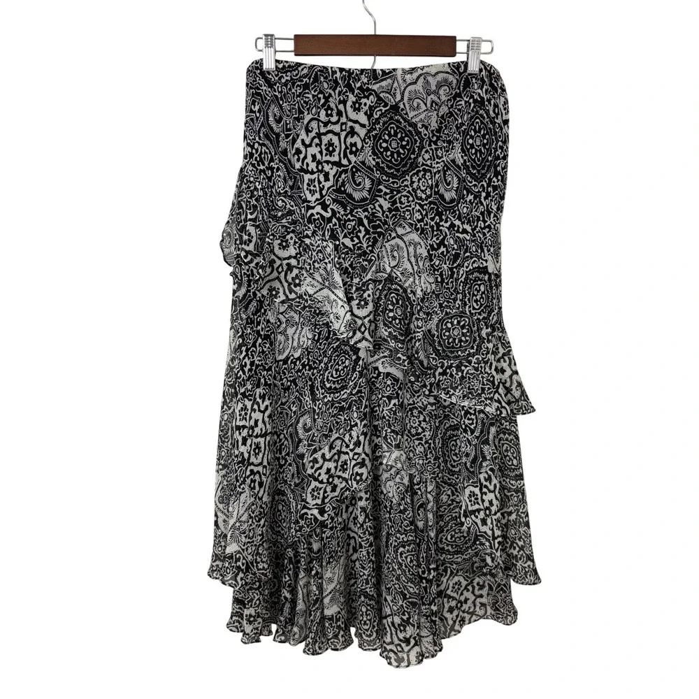 Lauren Ralph Lauren Silk Black‎ Beige Skirt Flowy Dark Fairy Tiered Vintage Sz M